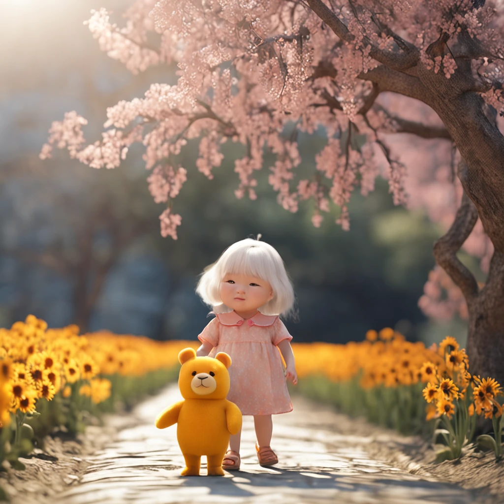 Little Chinese girl, ((delicated face:2)), (Complete fingers:1.2), Wearing a quaint orange dress, Walk in a sunflower field, Full body like, Holding a yellow bear toy in his hand, kanon, hyper HD, Award-Awarded, 牛仔shot, kanon, hyper HD, Award-Awarded, Cinematic lighting, Depth of field, Ray tracing, 135mm, Cinematic lighting, Depth of field, Ray tracing, 135mm, Masterpiece, Best quality, 4K, Masterpiece, Best quality, 4K