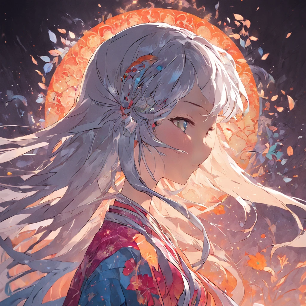 (White background:1.4),(Silhouette of a girl's head, Eyes closed, colorfull long hair, Oriental elements),(Chinese illustration:1.3,paper art:1.3, Quilted paper art:1.2),( reasonable design, Clear lines, High sharpness,Best quality, Very detailed, Masterpiece, movie light effect, 4K )