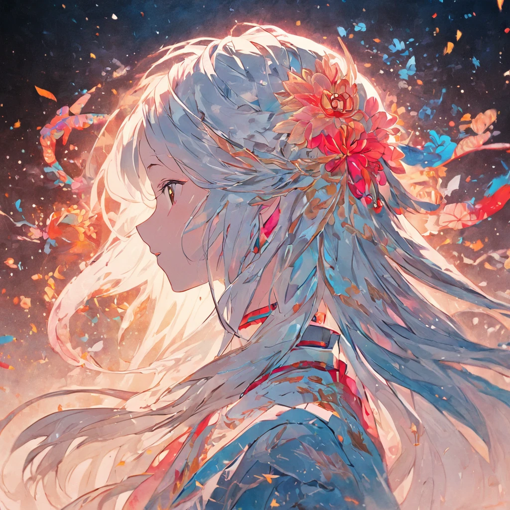 (White background:1.4),(Silhouette of a girl's head, Eyes closed, colorfull long hair, Oriental elements)，(Chinese illustration:1.3，paper art:1.3, Quilted paper art:1.2),( reasonable design, Clear lines, High sharpness,Best quality, Very detailed, Masterpiece, movie light effect, 4K )