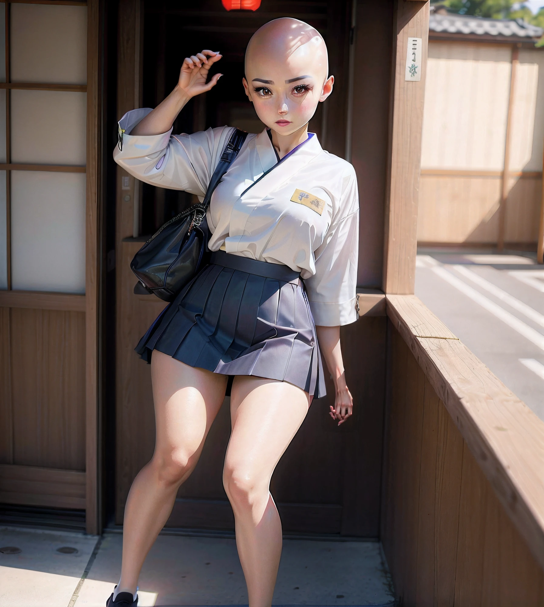 Beautiful sexy bald girl。Wear a Japanese-style school uniform skirt。Like reality