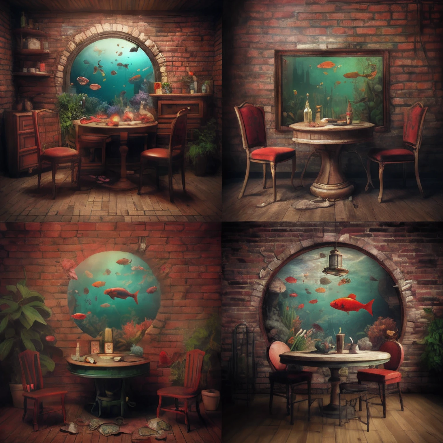 There is a picture of a restaurant with a fish tank, surrealistic digital artwork, Stylized urban fantasy artwork, Magical realism style, interior background art, Alexander Jansson style, surreal concept art, Beautiful digital artwork, erik johansson style, Relaxing concept art, masterpieceunderwater scene, beautiful 3d concept art, Stylized digital art, Surreal + Highly detailed displayist HD pictures,Beautiful scenery