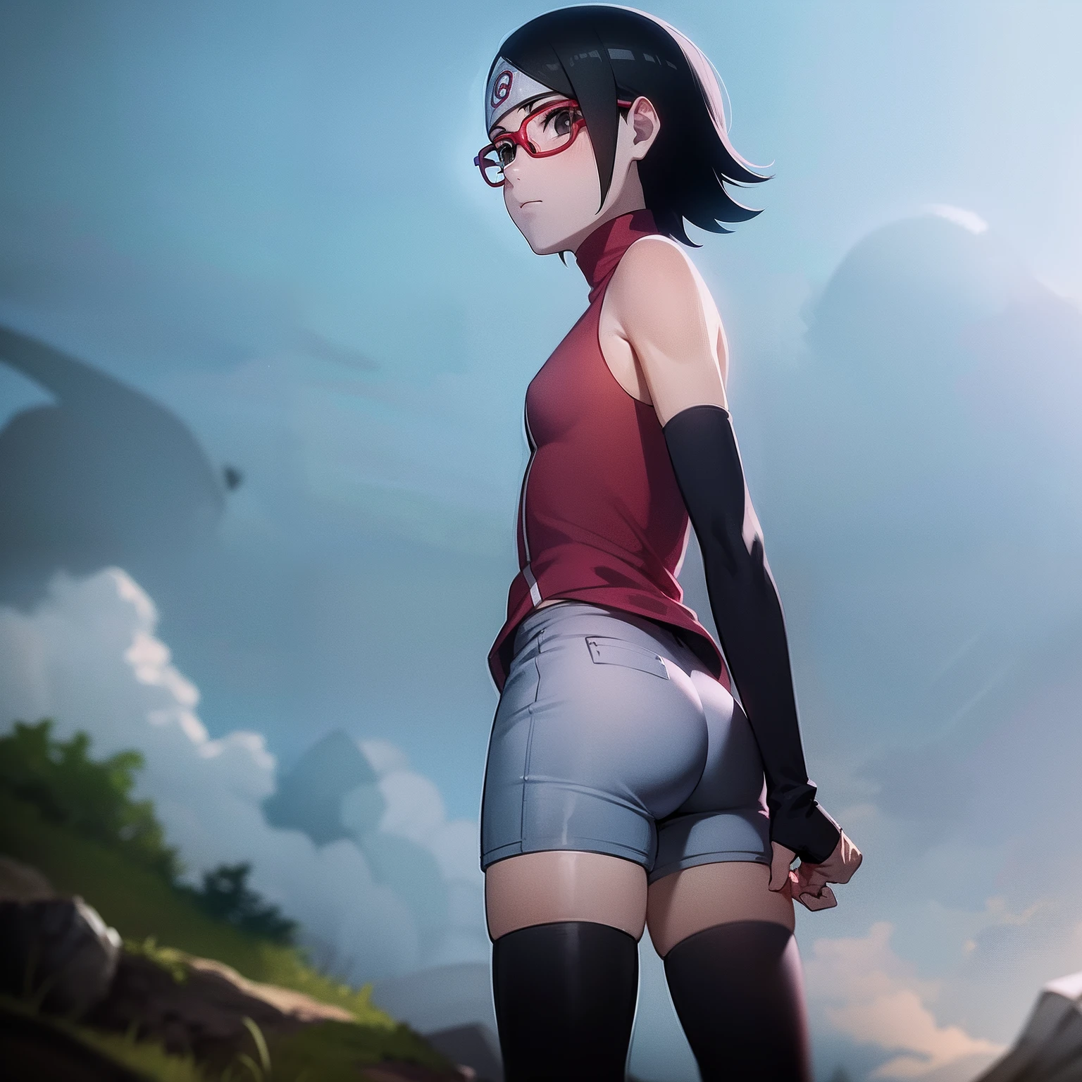 1girl,from below, standing, sarada uchiha, glasses,black thighighs,arm warmers, forehead potector, shorts, short hair, small breast, black eyes, small hips, small ass, anime screencap