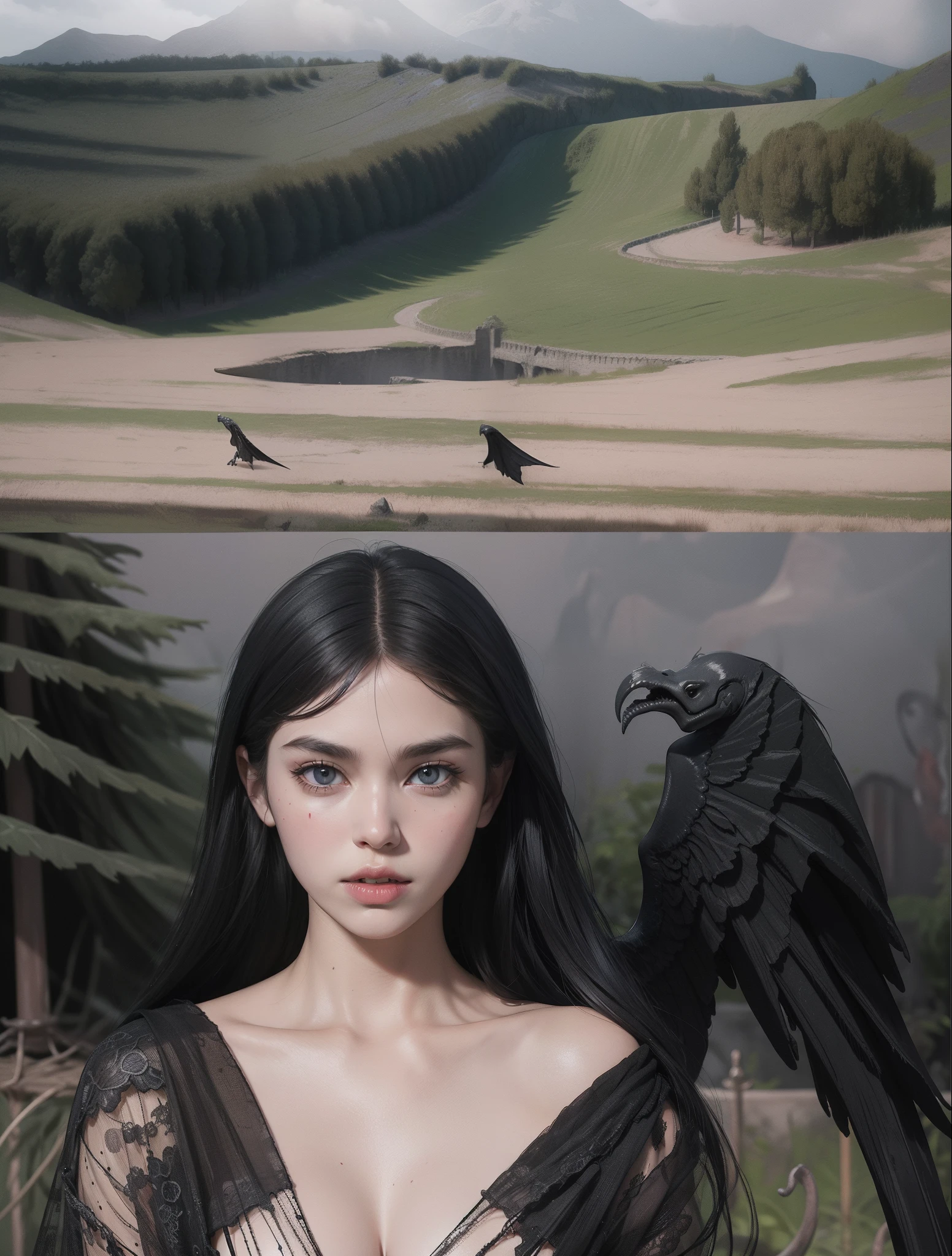 Fine matte paint,Skeleton Dark Angel, Haunted castle with large wings, Fill the drawing table with a knife,terroral,uncanny,horrid,secret terror,tentaculata,grape trees,The eye,uncanny valley effect teeth,all fours,Critters,Blood Moon,super high image quality,Sexy beauty,The picture quality is clear,Black Phoenix