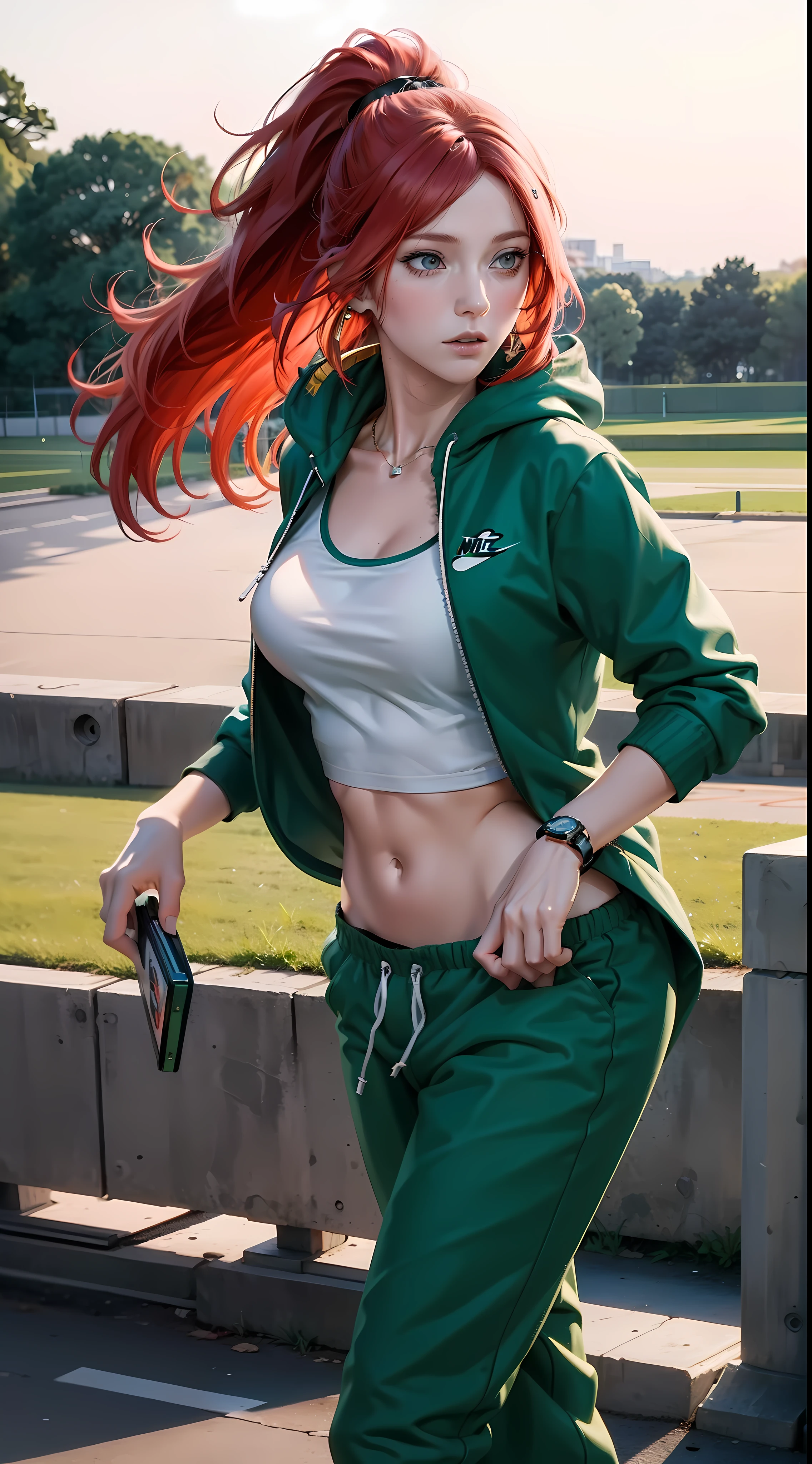 Kushina from the anime Naruto, red hair, long hair, ponytail, wearing mascara, perfect body, perfect breasts, beautiful woman, very beautiful, wearing a green Nike hoodie, white jogger pants, wearing a watch, wearing earrings, wearing green Nike shoes , being on a football field, Realism, masterpiece, textured leather, super detailed, high detail, high quality, best quality, 1080P, HD, 16k