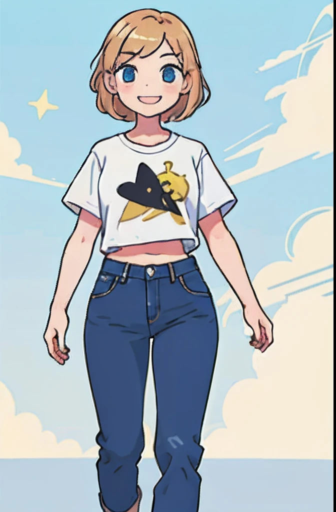 (masterpiece)、Better Quality、incredibly fine illustrations、is standing、hi-school girl、Tsurime、Mature girl with pale and flushed skin、(Golden Shorthair:1.3)、Bangs for the eyes、A big smile、Beautiful feet、crop top tee、Plain T-shirt、jeans
