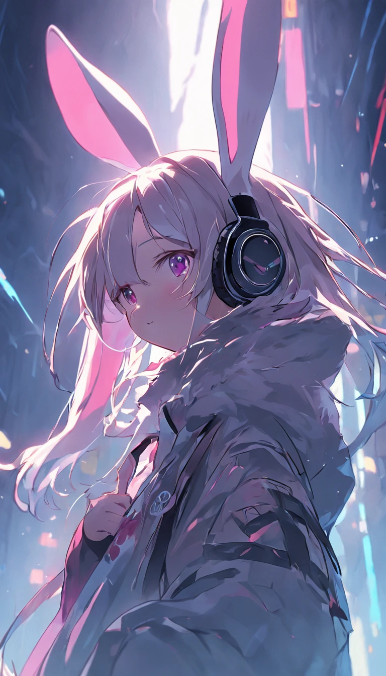 Animal bunny，adolable，With large headphones，cyber punk perssonage，