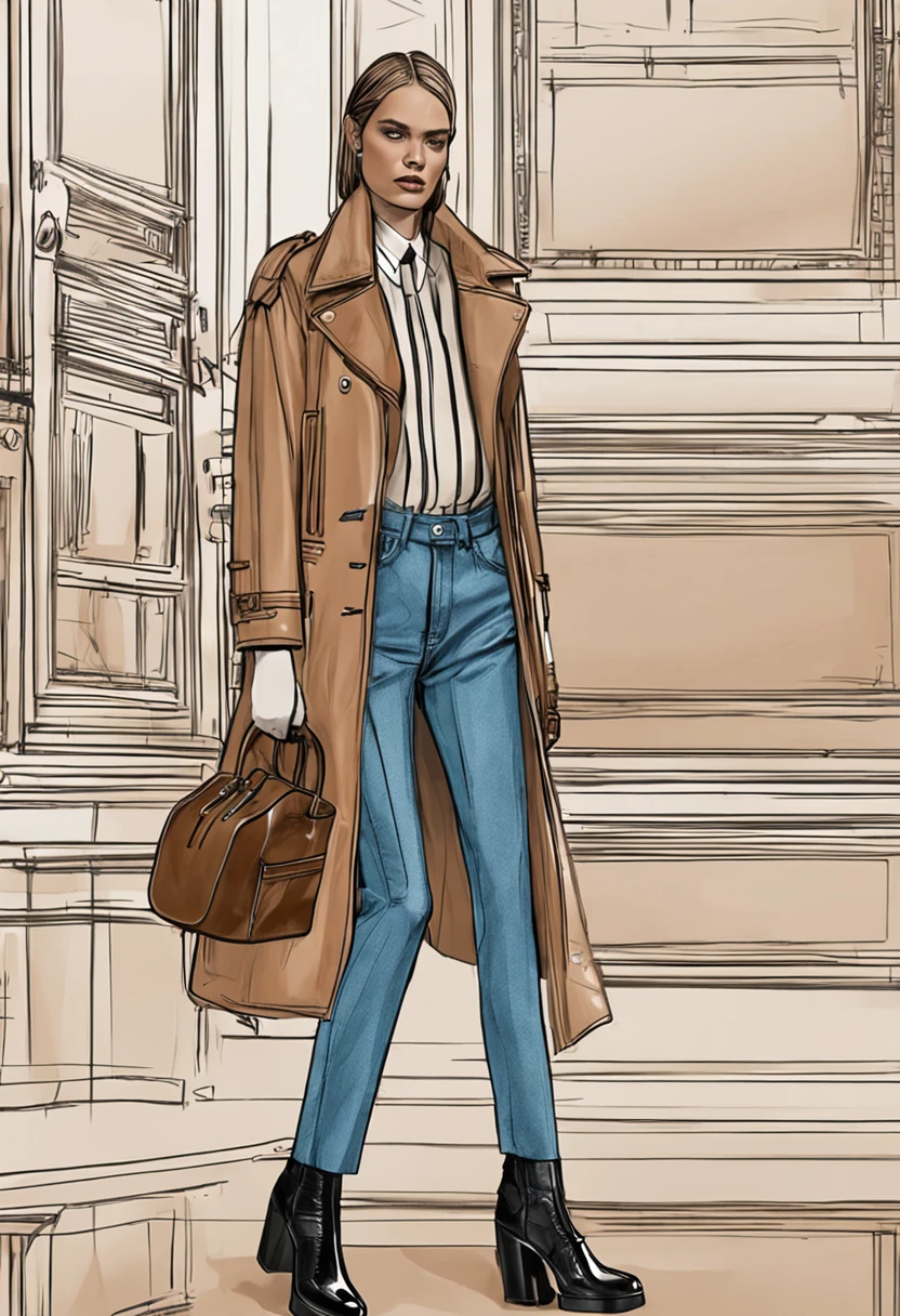 Autumn and winter catwalks，Subtle beige tones，European and American women，Wear a classic modern leather jacket with lapels，Blue loose wide-leg long jeans，With an aquamarine striped shirt，Wear black leather boots，Inspired by Ralph Lauren，official valentino editorial, baggy jeans, givenchy, official prada editorial, official vuitton editorial, official dior editorial, margiela campaign, Leather jacket and denim jeans, cara delevingne standing, Large pants, post modernist layering, double denim, cropped shirt with jacket, round-cropped