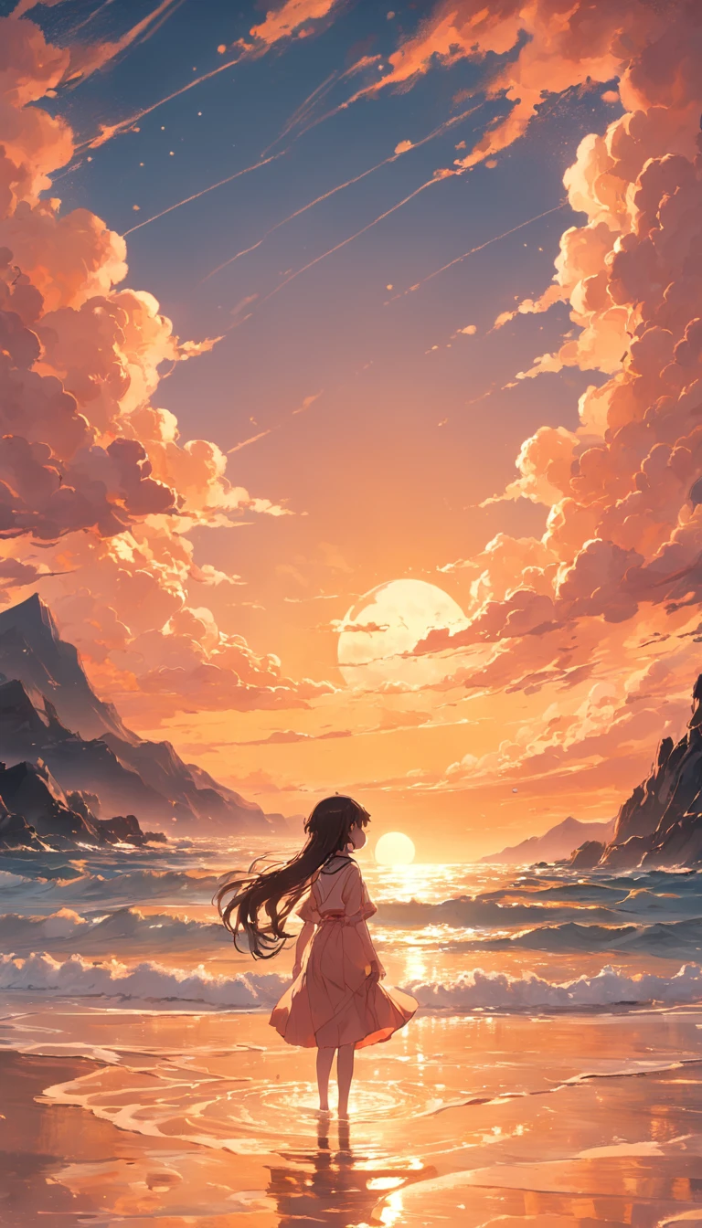 a sea,Pink-orange sky,Soft orange clouds,Layers,Golden-blue waves sparkle,Sparkling,Golden waves on a golden blue ocean,best qualtiy,cinematic Film still from,gentlesoftlighting