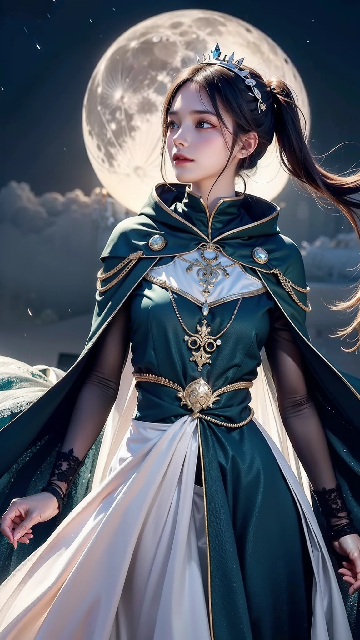 masterpiece, (best quality:1.2), (ultra-detailed:1.2), illustration, (an extremely delicate and beautiful:1.2),cinematic angle,floating, (beautiful detailed eyes:1.1), (detailed light:1.1),cinematic lighting, beautifully detailed sky, women, green queen dress, black hair, blue eyes, (high ponytail:1.1), cloak, glowing eyes, (moon:1.2), (moonlight:1.1), starry sky, (lighting particle:1.1), fog, snow painting, sketch, bloom, whole body capture,