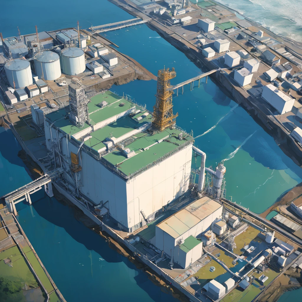 Fukushima Nuclear Power Plant,Huge white water storage tank,Huge drains,Dumping contaminated water into the ocean.,
