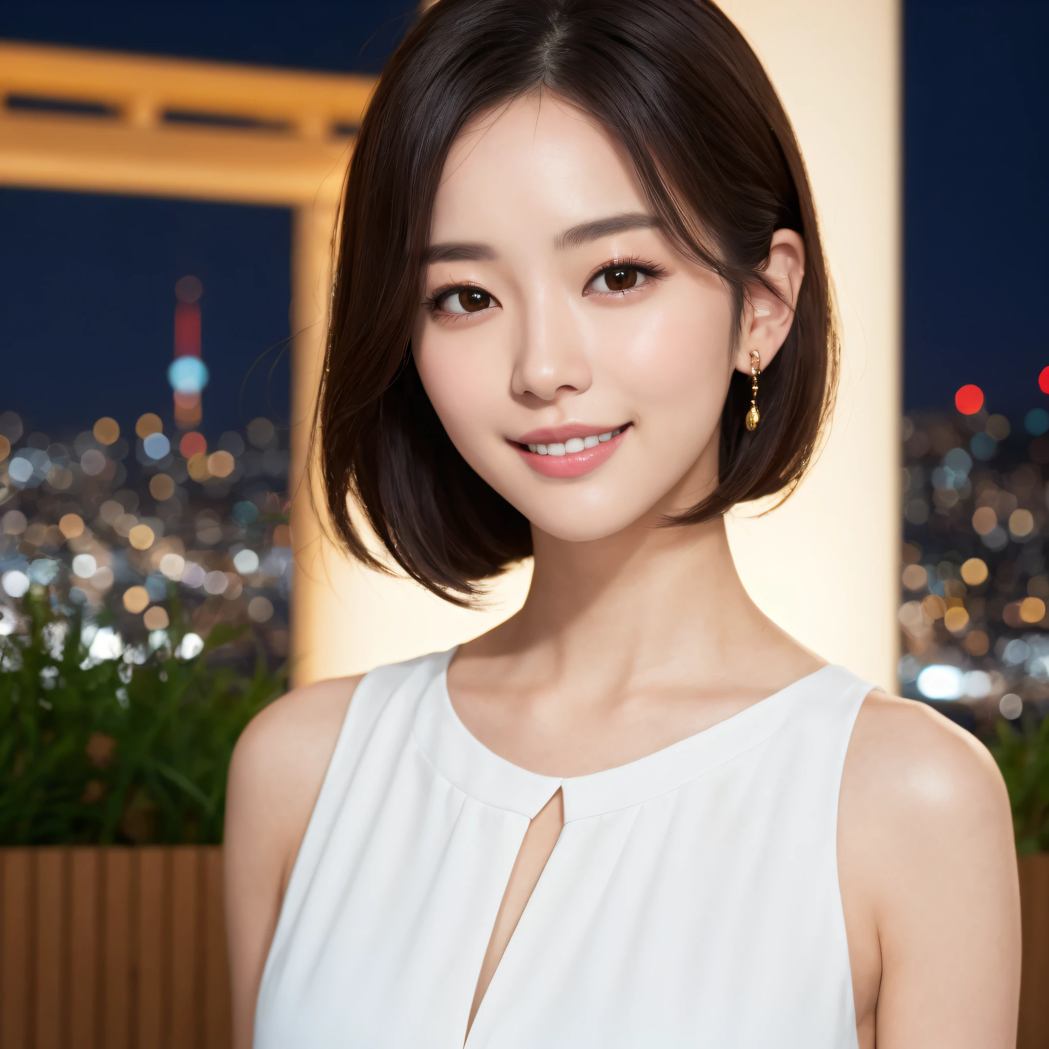 One lady、((best qualtiy、8k masterpieces:1.3))、foco nítido:1.2、(ultra beautiful faces:1.0)、(shinny skin:1.0)、photos realistic、A dark-haired、Video Lighting、High-definition eyes and face、Video Lighting、(Korean Cute Actress)、from the front side、medium breasts、(ssmile:1.2)、Sleeveless、Slender Abs Beauty、Whole body、Wearing a white blouse、in tokyo at night