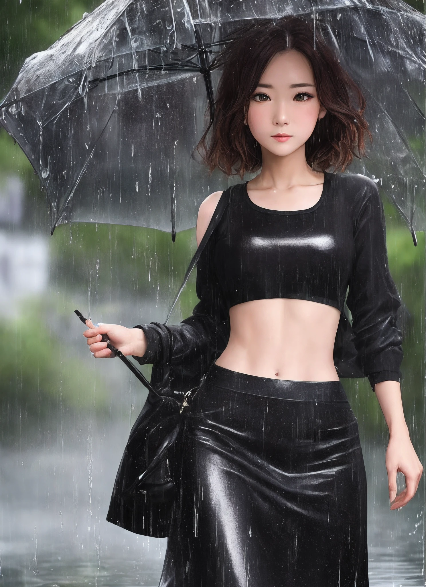 40 years old,The body is slender,cabelos preto e longos,Full body skirt, Pretty Women,1girl,(nedium breasts,Bewitching body:1.3),Abs:1.1,dark brown hair:1.1,(rainy wet,Wet with rain,Get wet:1.2),Ultra- Detail face,Detail lips,detailedeyes,二重まぶた