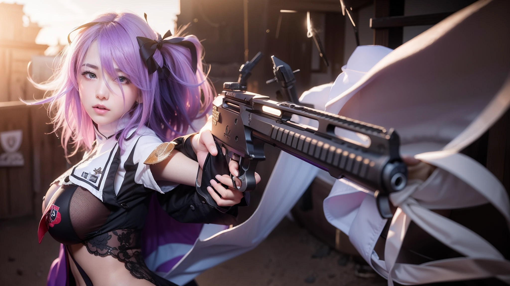 realphoto、hyper realistic photography、White blouses、Purple hair color、poneyTail、pistols((Desert Eagle))Hold it in your hand((shooting pose))facing the front there、winking、big breast beauty