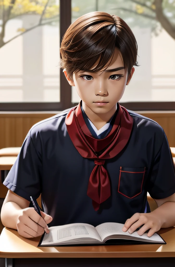 校服, red neckchief, Libido boy, Listen calmly and attentively in the classroom。