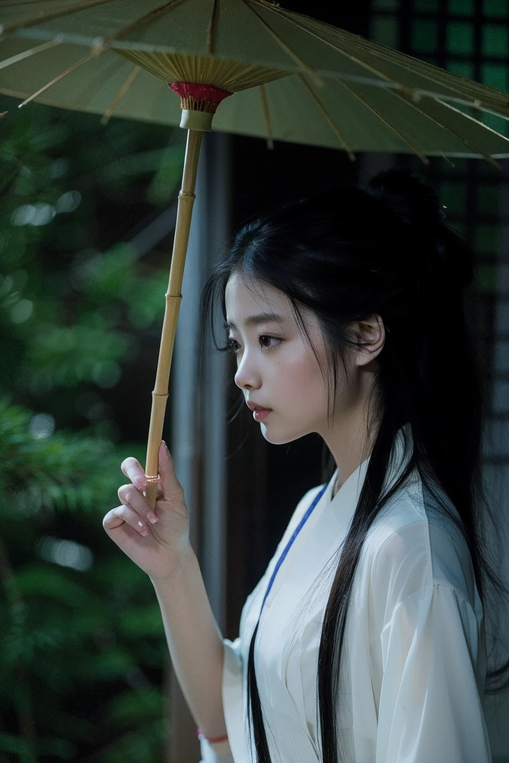 Asian woman in white holding bamboo umbrella, Palace ， A girl in Hanfu, White Hanfu, Hanfu, Chinese girl, Chinese woman, A young Asian woman, An Asian woman, Inspired by Tang Yifen, inspired by Zhang Yan, Inspired by Huang Ji, inspired by Gu An, Young Asian girl, elegant japanese woman