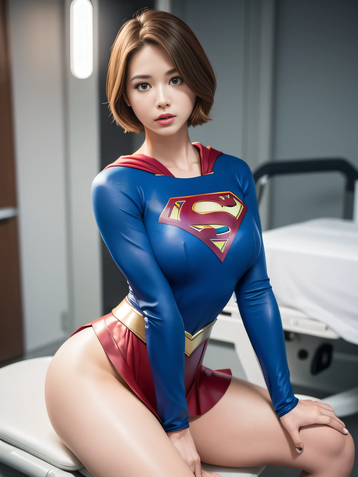 masterpiece,Supergirl Costume, short-hair, bare-legged, large full breasts,surgery room、Operating table、straddle、depraved、shiny、Looking at the camera、Provocation、estrus、Desperate