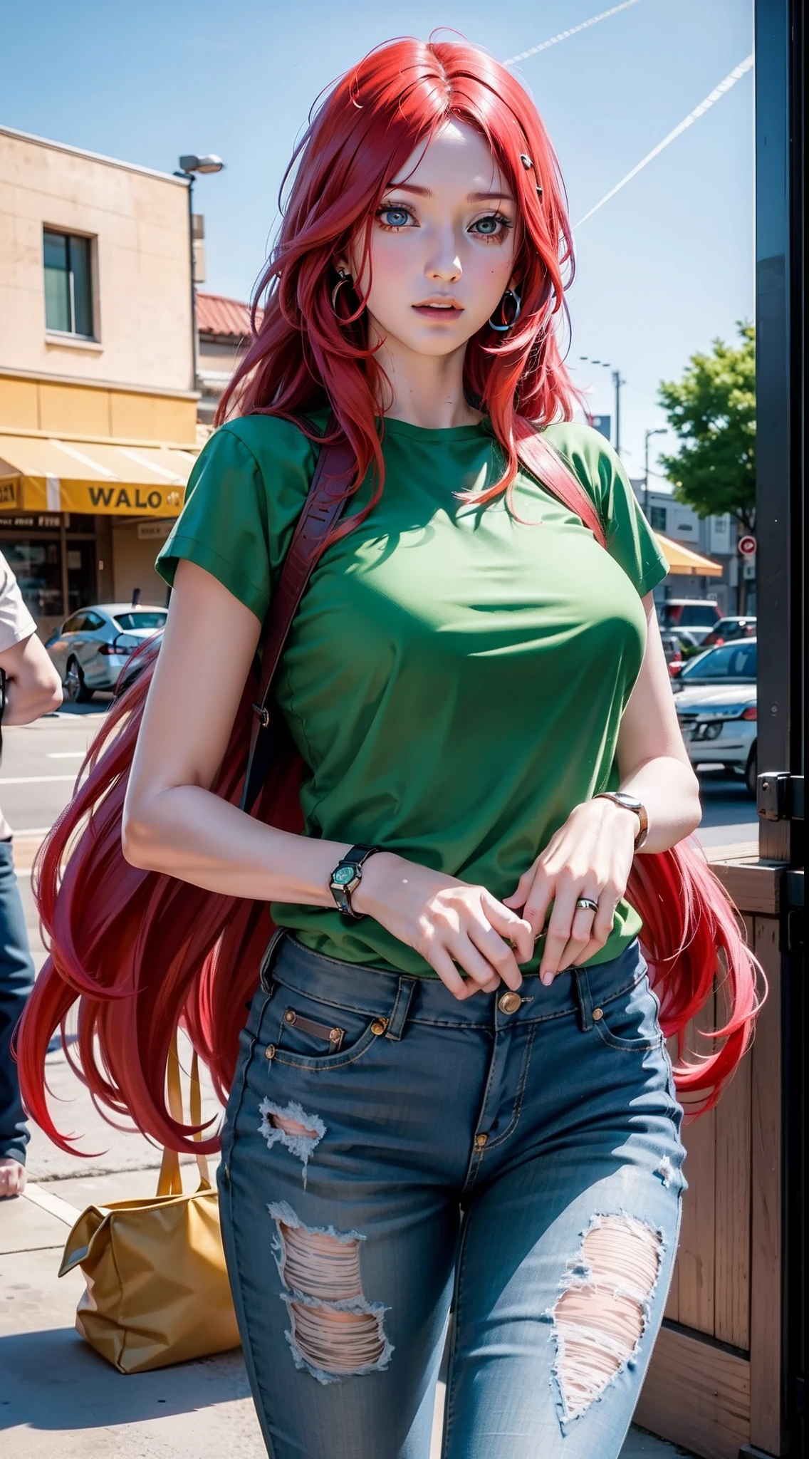 kushina from anime naruto, red hair, long hair, wearing mascara, perfect body, perfect breasts, beautiful woman, very beautiful, wearing green oversized t-shirt, short jeans, wearing handbag, wearing watch, wearing earrings, super market, be in super market, Realism, masterpiece, textured skin, super detail, high detail, high quality, best quality, 1080P, HD, 16k