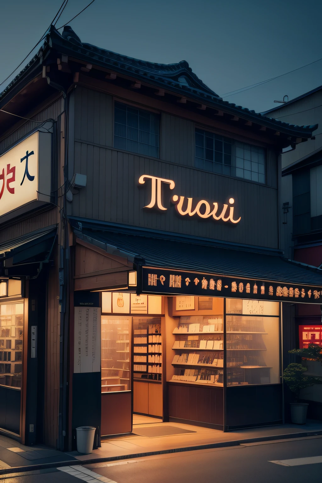 Tokyo by night with a music shop at the first plan where the word AWAKE is write in front of the store