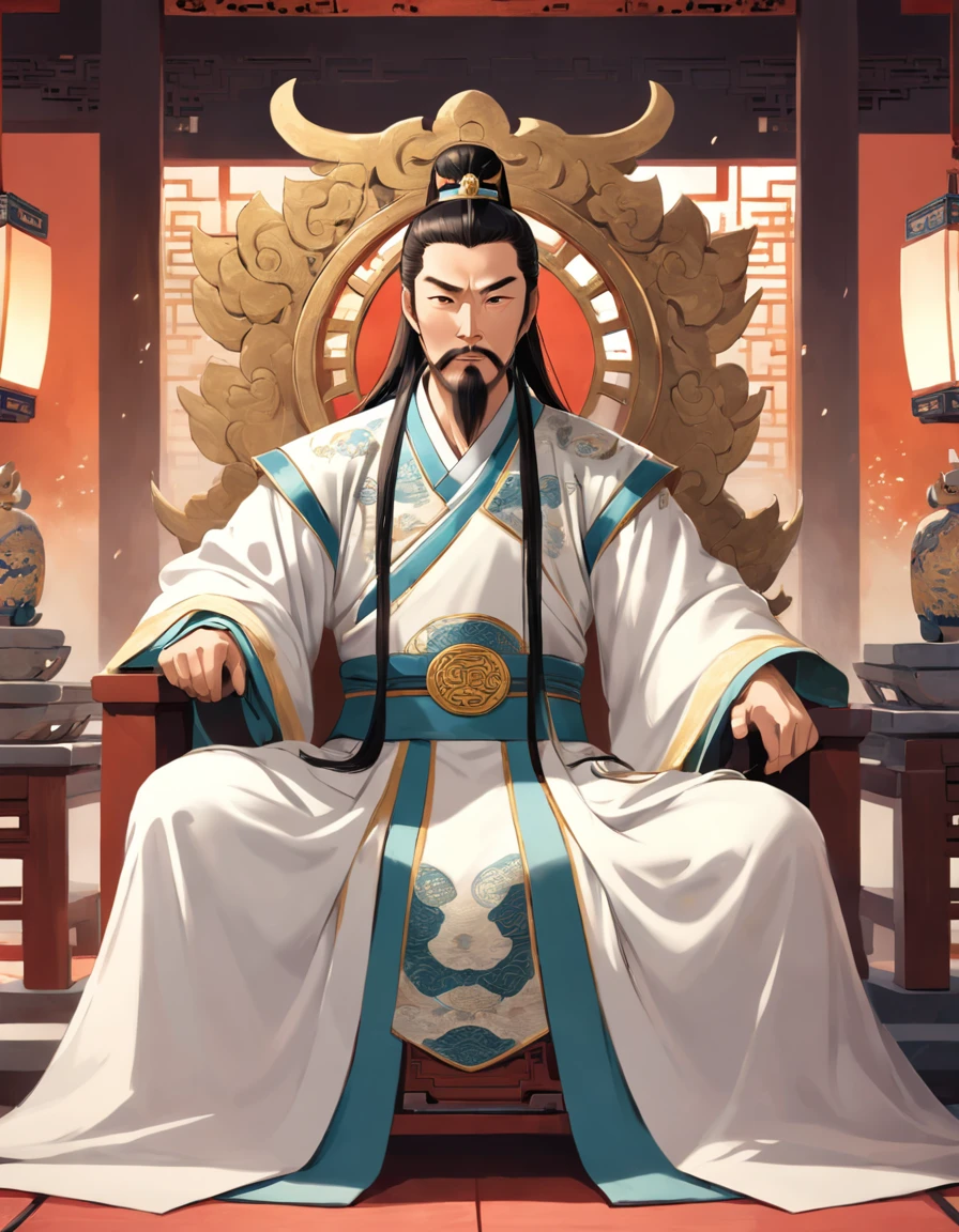 Emperors of ancient China,Shang Dynasty,dressed white hanfu,Asian people,age 55,Fei Xiang,Square face,Deep eyes,Beard,sitting on an royal throne,Look at the camera condescendingly,Behind it is a gorgeous Chinese pattern,Best quality, Masterpiece, 超高分辨率
