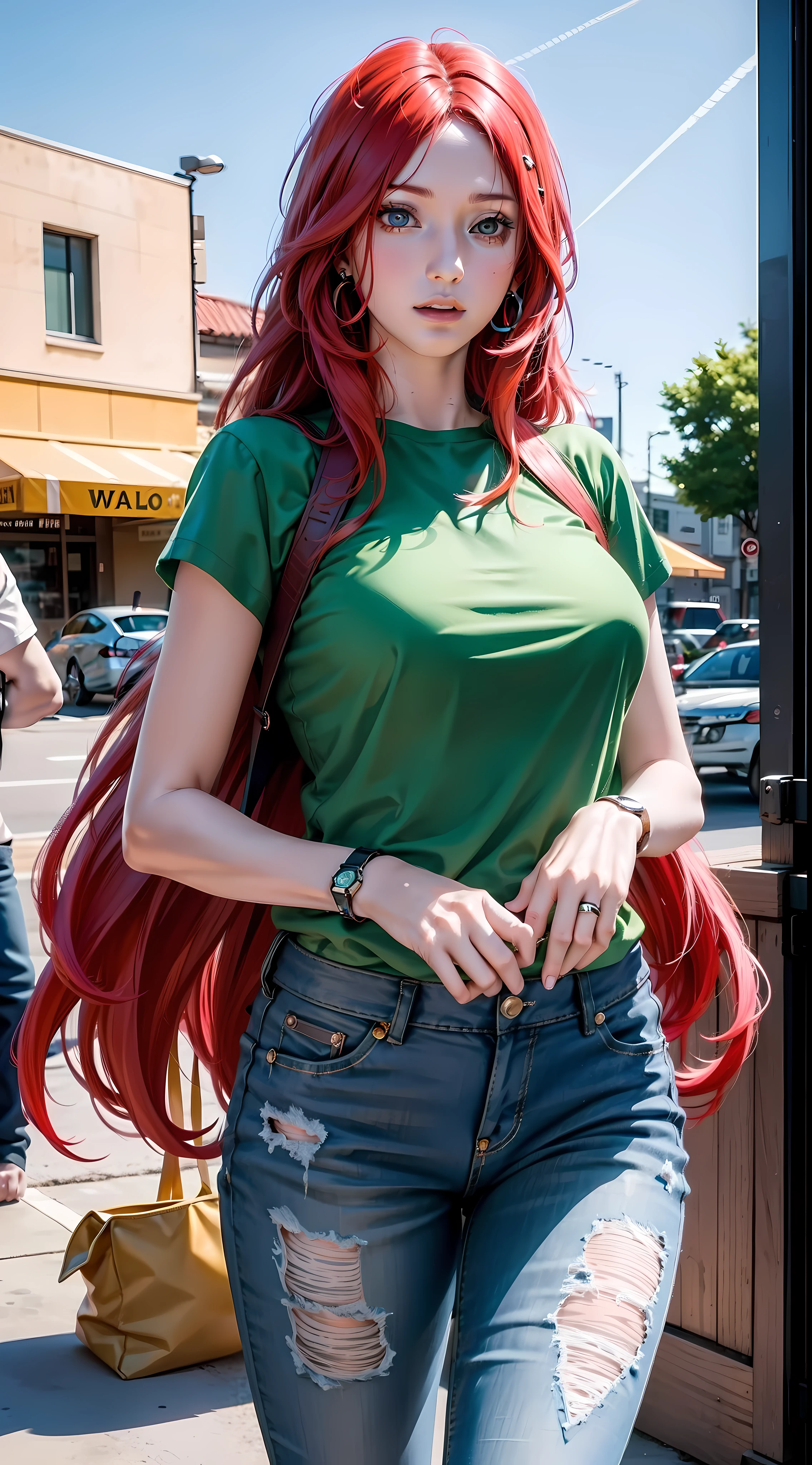 kushina from anime naruto, red hair, long hair, wearing mascara, perfect body, perfect breasts, beautiful woman, very beautiful, wearing green oversized t-shirt, short jeans, wearing handbag, wearing watch, wearing earrings, super market, be in super market, Realism, masterpiece, textured skin, super detail, high detail, high quality, best quality, 1080P, HD, 16k