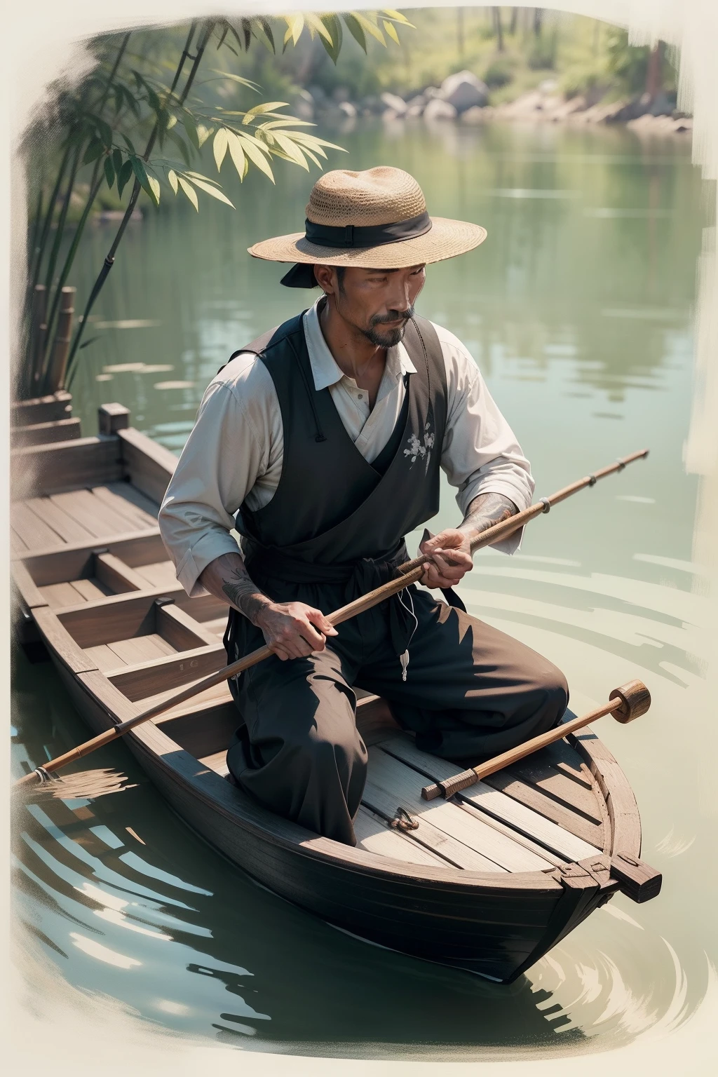 Ink painting，Close-up，Fisherman holding a bamboo pole on calm water，The clothes on his body are already a little worn，But the expression is very comfortable、enjoying。