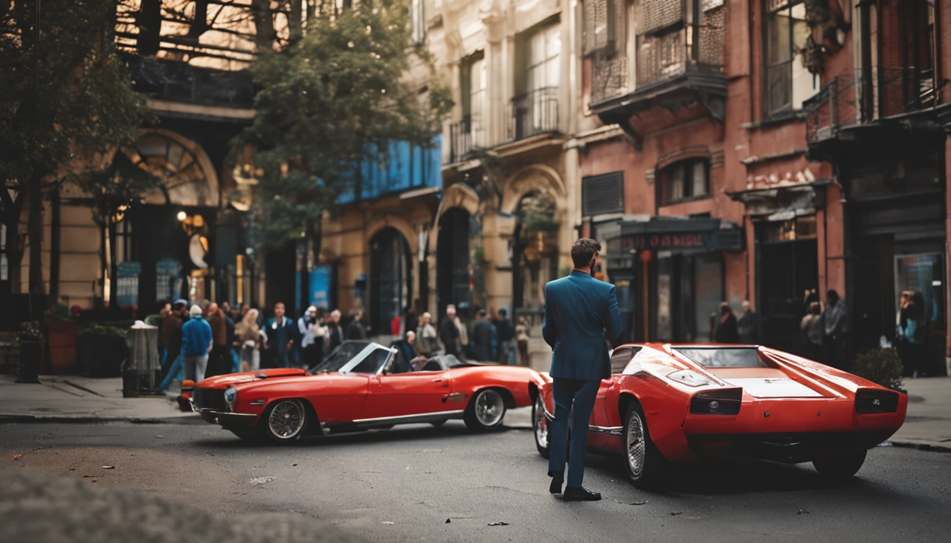 A man wearing a suit, holding a cigarette, next to a supercar, HDR, 8k resolution, highres, high detail, sharp focus, dynamic angle, smooth, roughness, real life, photorealism, photography, 8k uhd, cinematic film still from the end of days|wolf of wall street|reservoir dogs