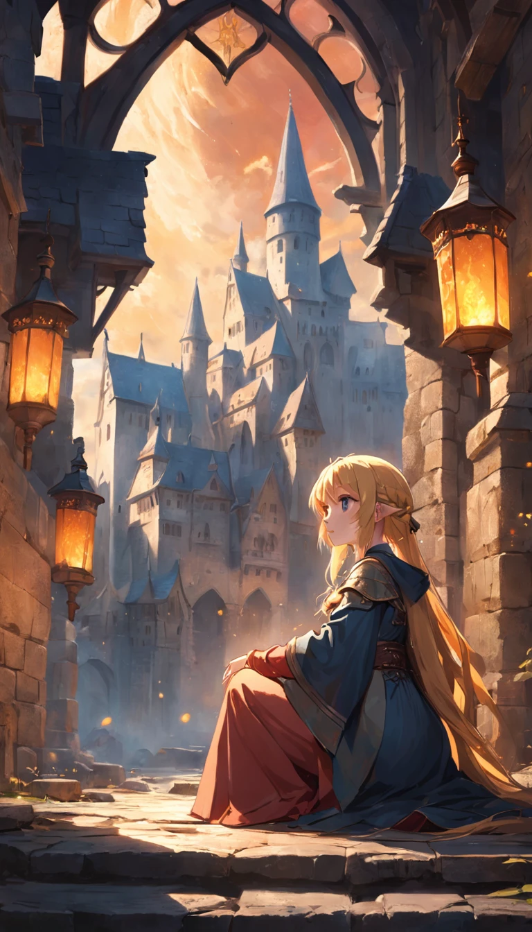 tmasterpiece,best qualtiy,cinematic Film still from,Light,1girll,,exteriors, Medieval architecture,steins,sorceress woman, starrysky, in a panoramic view, scenecy, horizon, sitting on rooftop, ventania,fastidious,Medieval architecture,Yellow-haired,Red pupils,adorned in majestic attire