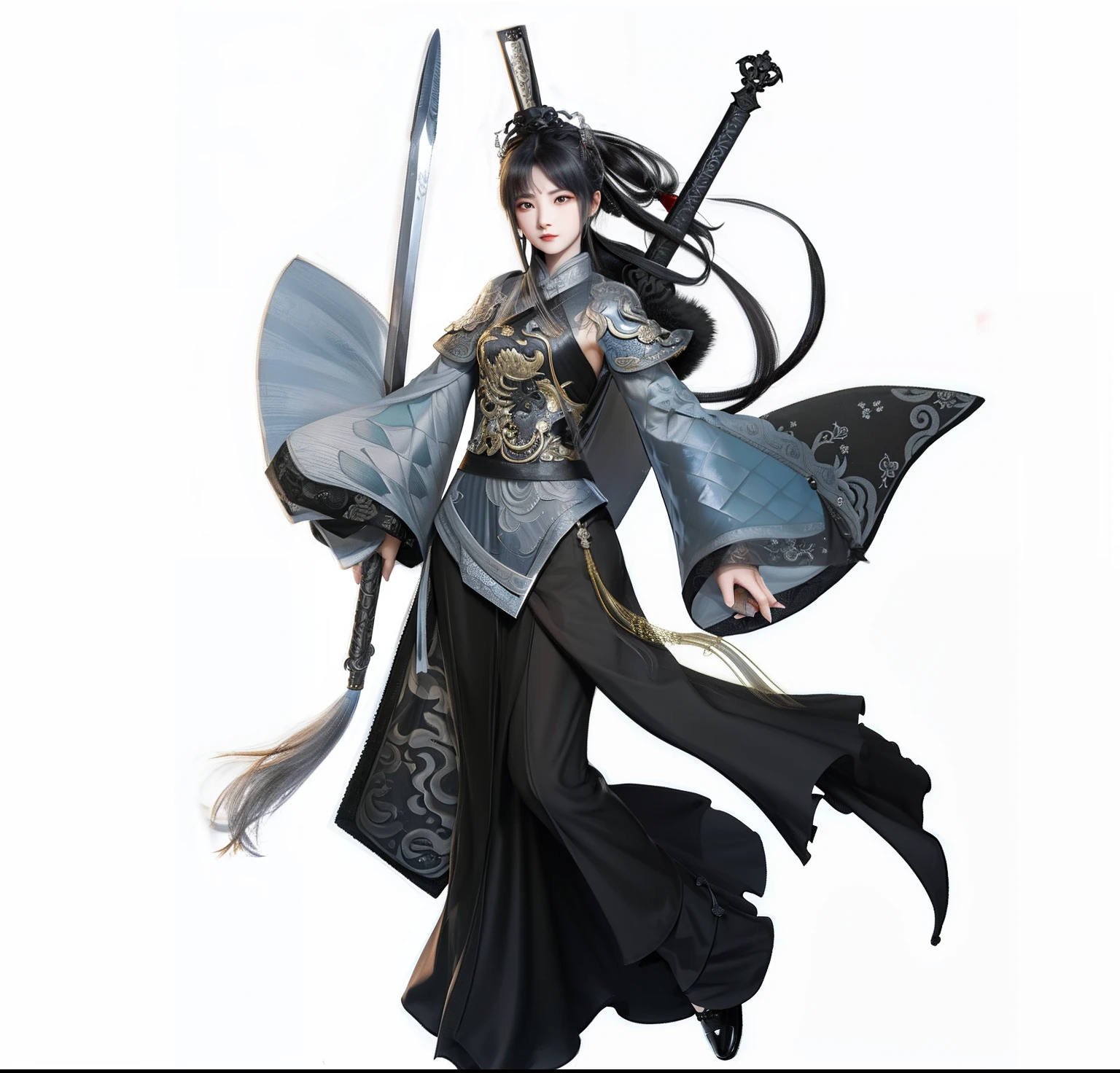 A woman dressed in black and gray holds a sword, Chinese style woman