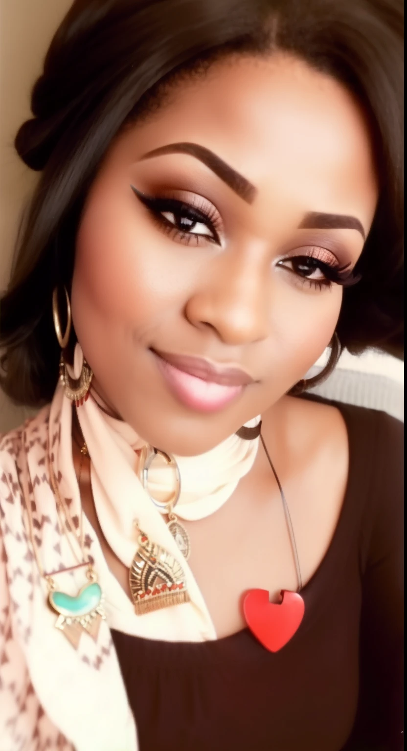 Close-up of a woman with a headscarf and a heart, Ameera Al Taweel africaine, Image de profil, taken in the early 2020s, relaxed eyebrows, photo of a black woman, Femme de 30 ans de Cuba, Afro-Canadien, 3 0 ans femme, Femme de 30 ans, wears a egyptian ankh necklace