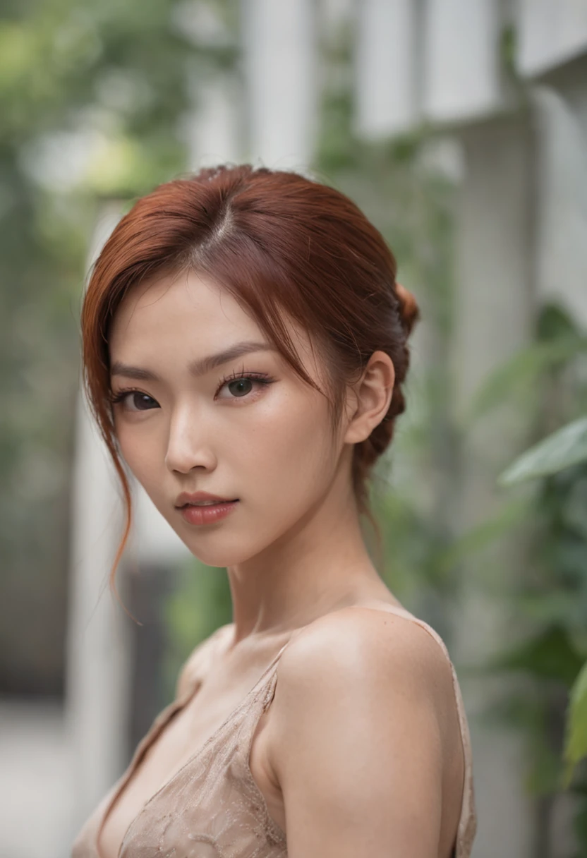 Natural redhead woman poses for photoshooting, fully body pose, Angry, irritated, She was screaming, Stylish updo hairstyle, hair-bun, Facial features in Japan and Vietnam, Straight hair, Pretty face, Flawless face, Thunderstorm in the background, Yelling, agitated, Mix of facial features of Aya Yamamoto and Domarina Matsui as well as Asuka Saito and Mayo Akiyama, Petite body, The photo is like it was taken by the Sony A7 III, Profesional photogarpher,  dark ambiance, Edge lighting,  Cinematic, waxy candles, Witchcraft, Full body portrait, Ultra photo realsisim, Beautiful face,  8K, Full body portrait, elegant, Natural lighting, Sharp focus, Very detailed face,  Vibrant, smooth and luminous skin, Beautiful face, 64k, hyper HD, Beautiful soft skin, 50 millimeters, Low light, Dark and mysterious atmosphere, Vibrant, skin, Photorealism