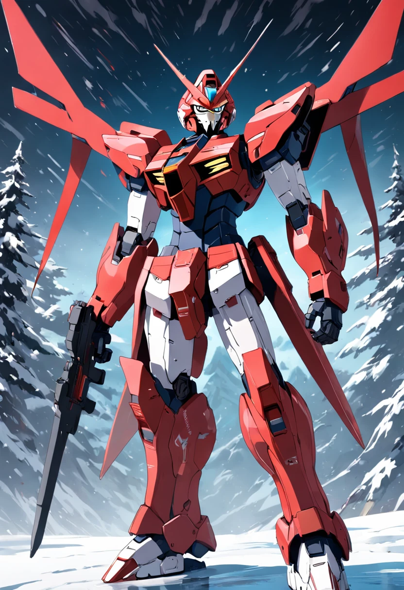 Standing amidst the pristine white snow, a striking Gundam of sleek black and crimson hues commands attention. Its onyx exterior exudes an aura of strength and mystery, contrasting boldly with the surrounding snowscape. The deep black armor gleams with an air of authority, while accents of vibrant red adorn strategic points, creating a mesmerizing visual contrast.
Tall and imposing, this Gundam's design is a blend of fierce modernity and traditional elegance. The crimson elements seem to dance across the dark surface like flames, hinting at the power and energy contained within. The imposing silhouette stands in stark juxtaposition to the soft, serene snow, making it appear like a guardian of the frozen realm.
The Gundam's stance exudes readiness, with its powerful limbs poised for action, yet a sense of calm determination emanates from its presence. The snow-covered ground beneath it is marked by the impressions of its feet, hinting at its recent journey through the wintry landscape. The whole scene creates an arresting image, capturing the essence of strength against the backdrop of serene beauty.