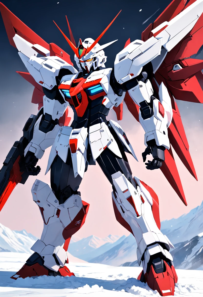 Standing amidst the pristine white snow, a striking Gundam of sleek black and crimson hues commands attention. Its onyx exterior exudes an aura of strength and mystery, contrasting boldly with the surrounding snowscape. The deep black armor gleams with an air of authority, while accents of vibrant red adorn strategic points, creating a mesmerizing visual contrast.
Tall and imposing, this Gundam's design is a blend of fierce modernity and traditional elegance. The crimson elements seem to dance across the dark surface like flames, hinting at the power and energy contained within. The imposing silhouette stands in stark juxtaposition to the soft, serene snow, making it appear like a guardian of the frozen realm.
The Gundam's stance exudes readiness, with its powerful limbs poised for action, yet a sense of calm determination emanates from its presence. The snow-covered ground beneath it is marked by the impressions of its feet, hinting at its recent journey through the wintry landscape. The whole scene creates an arresting image, capturing the essence of strength against the backdrop of serene beauty.