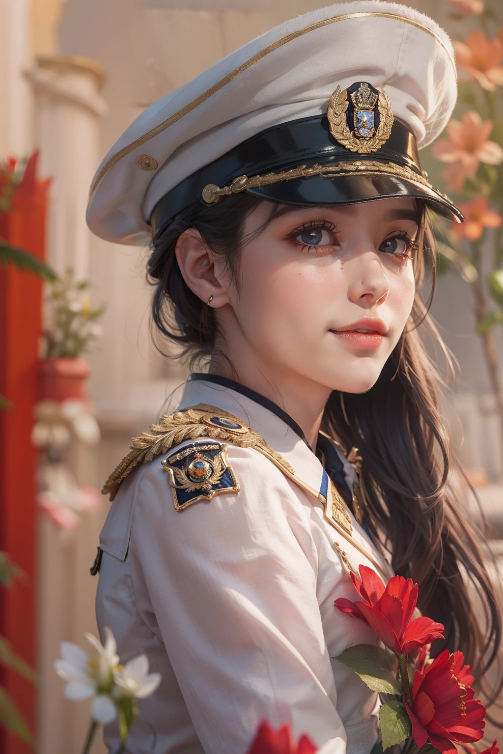 A beautiful girl,A sweet smile,(Face details:1.6),(Red epaulettes:1.6),(Fighting posture:1.3),Wearing a navy uniform,fresh flowers,ports,parks