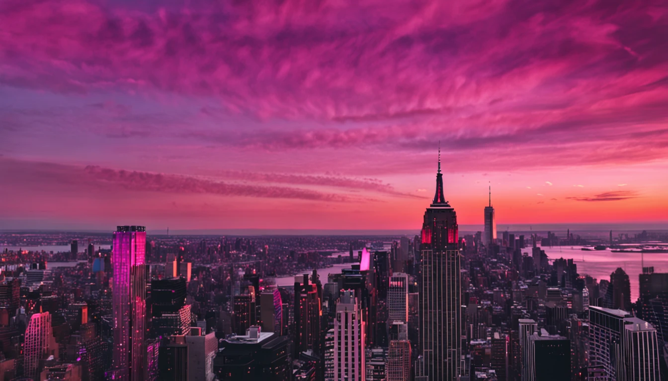 Pink and purple sunset in New York City,The Empire State Building is on the right