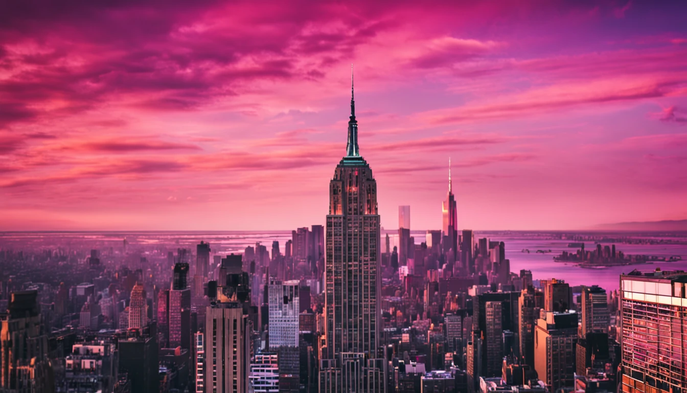 Pink and purple sunset in New York City,The Empire State Building is on the right