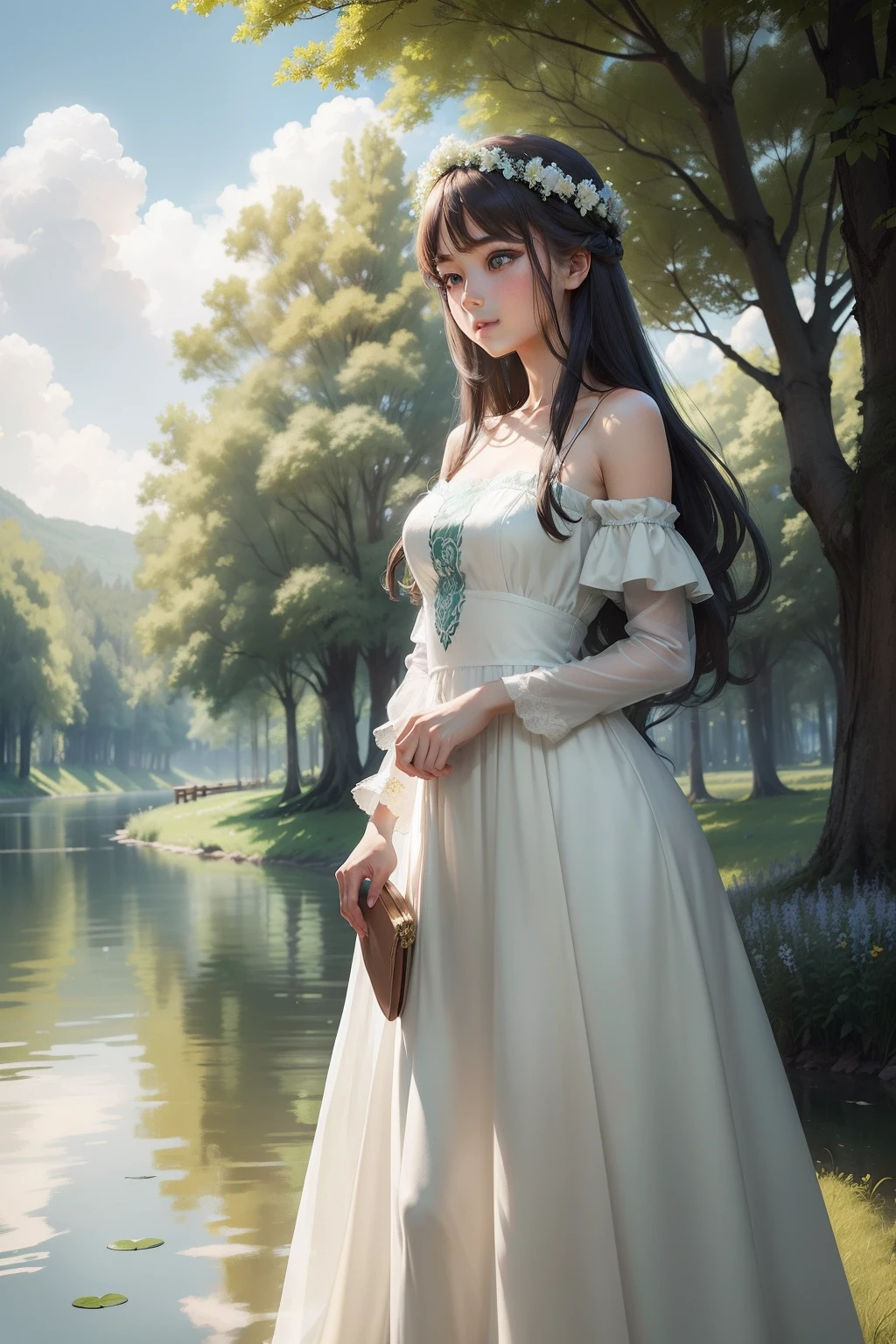 Against the background of quiet lakes, emerald trees, blue sky and white clouds, a charming and moving girl suddenly arrived. She wore an elegant long dress, a gorgeous flower crown on her head, and long soft hair.
