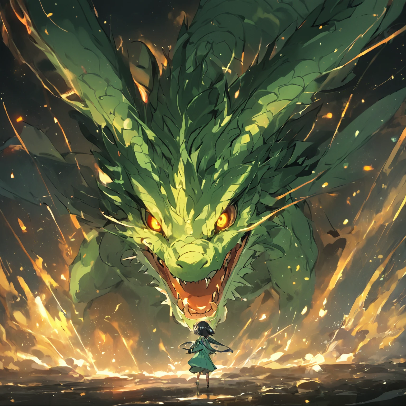 Legendary art,Green Dragon,Dark green body,Elongated body:1.5,Hovering in the clouds,Looming,Overlooking the earth from the air,Mountains and trees dot the land,epic art,official works