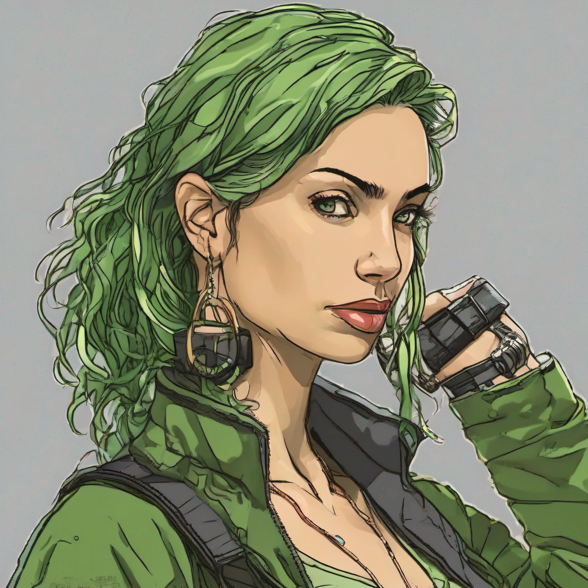 Tzindi Dexter is a cyberpunk girl like Claire Forlani merged with Claire Danes, (masterpiece:1.3), best quality, manga line-art, ultra detailed, emoji pack, (9 emojis, emoji sheet, Align arrangement), 9 poses and expressions, long hair, curly hair, green hair, green eyes, choker, art by [Todd McFarlane],