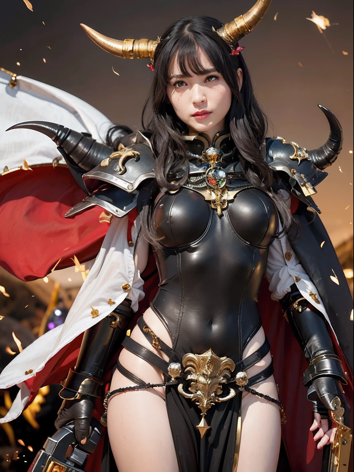 Professional , ​masterpiece、top-quality、photos realistic , depth of fields 、(A dark-haired) 、（Gemstone White Metal Body:1.９),(Matte Black、Jewel Gold Weapon（Jewel Metal Body:1.４),Gorgeous metal weapons ,Particles of light、（（ Detailed and gorgeous sword of the brave）） ,Light Effects、intense fighting、Wind-effect、magic circles、 (A dark-haired)  ,warhammer 40k ,Detail and ornate jewel crown、With the legendary magic wand、Dragon's tail、explosions、（（Micro Bikini Armor））、（（Gangle's forest background））、Beautiful Caucasian beauty、１a person、dynamic ungle,(((Details of the two demon horns on the head)))、Smaller head、A smile、Background inside the castle、Thin and beautiful female hands、cleavage of the breast、Soldier in iron armor on background、Mystical expression、Light Effects、Wind-effect、With the legendary magic wand、（wings of light）、Toostock、Anatomically correct body、