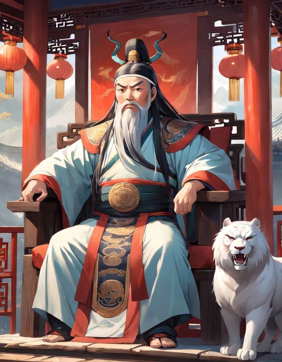 Chinese Ancient Times，Shang Dynasty，Wearing a Taoist robe，Asian people，age 55，Daoism，Fei Xiang，Square face，The face is kind ，Deep eyes，Beard，sitting on an royal throne，Look at the camera condescendingly，Behind is a landscape background pattern，Best quality, Masterpiece, 超高分辨率