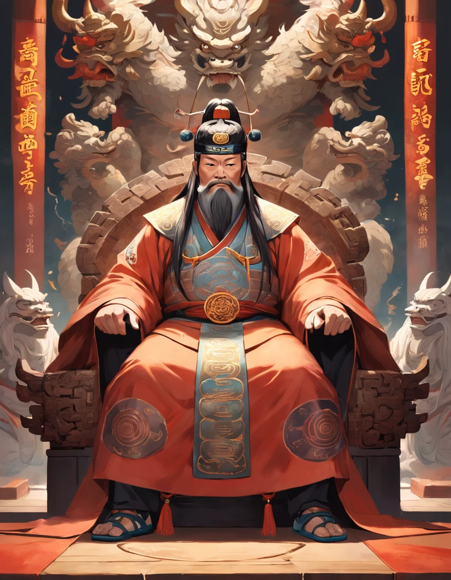 Chinese Ancient Times，Shang Dynasty，Wearing a Taoist robe，Asian people，age 55，Daoism，Fei Xiang，Square face，The face is kind ，Deep eyes，Beard，sitting on an royal throne，Look at the camera condescendingly，Behind is a landscape background pattern，Best quality, Masterpiece, 超高分辨率