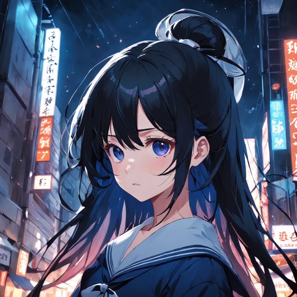 tmasterpiece，best qualtiy，1girll，Sailor suit girl，Black color hair，Black eyes，Walk the streets，closeup cleavage，Old street，sorrowful，Miserable white light，the night