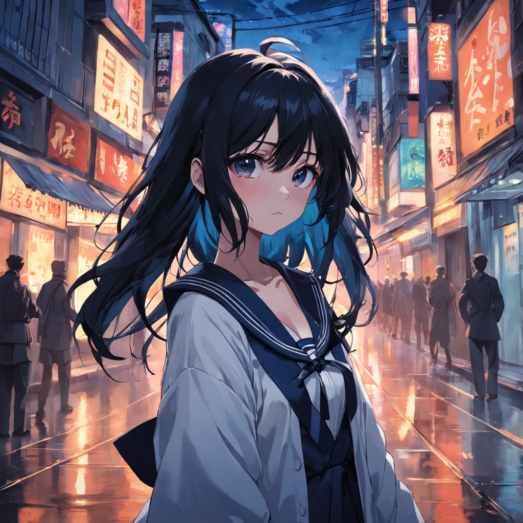 dura, cabelos pretos, melhor qualidade, cabelos longos, wearing japanese school uniform, extrovertido, olhos azuis, comendo pizza