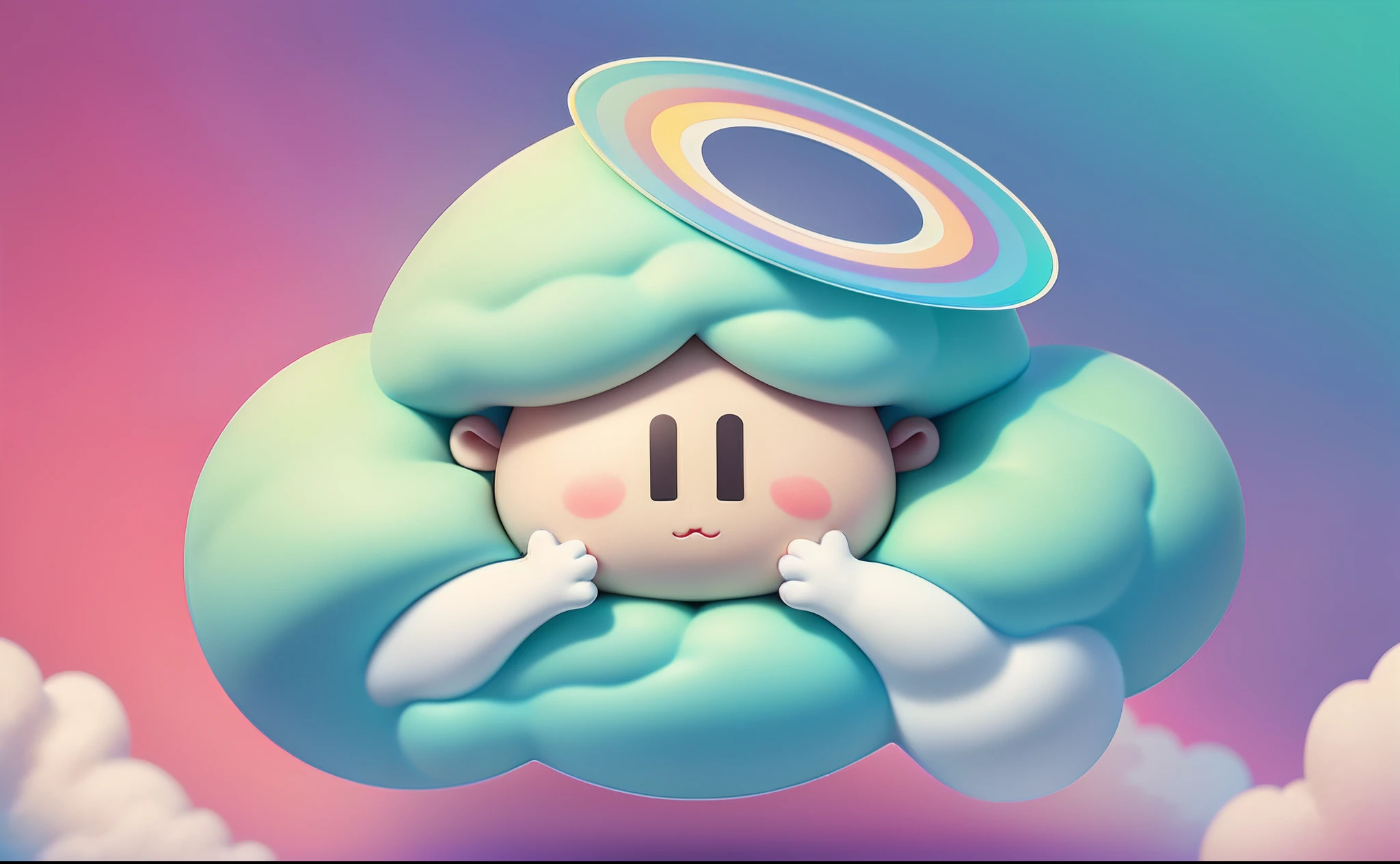 A cartoon cloud with a rainbow ring on its head,The style incorporates Shige's visual aesthetic style、The feeling of angel photos、Elements of Kate Beaton、No sense of gender、Psychological symbolism。In this picture,A cartoon cloud wears a rainbow ring on his head,Highlights Shige's visual aesthetic style,At the same time, the dynamics of clouds are expressed。