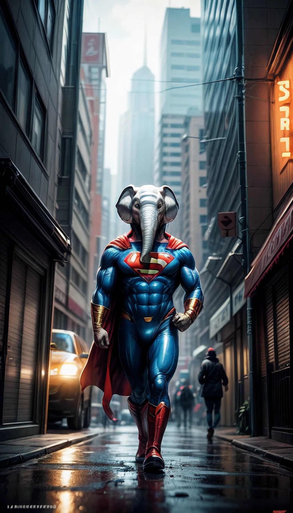 Character Elephant, In a Superman costume, in the city, Laurie Grizzly style, Studio Ghibli, Akira Toriyama, by james gilleard, Genshin Impact, Trending Pixiv Fanbox, acrylic palette knife, 4k, bright colours, devinart, Trending on ArtStation, low detailed, dripping ink splatters