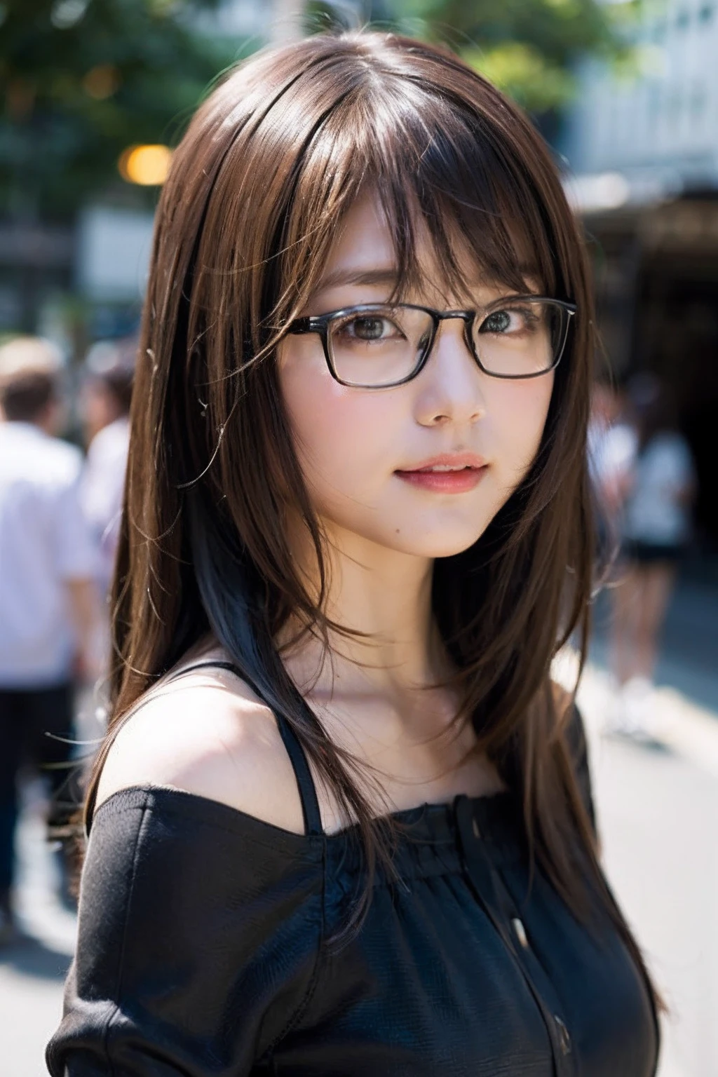 (8K、Raw photography、top-quality、masterpiece:1.2)、(realisitic、Photorealsitic:1.37)、ultra-detailliert、超A high resolution、女の子1人、see the beholder、beautifull detailed face、A smile、Constriction、(Slim waist) :1.3)、((blouse))、Beautiful detailed skin、Skin Texture、Floating hair、((The long-haired))、Professional Lighting、In front of the station at noon、((Black square glasses ))、Whole human body、Brown hair