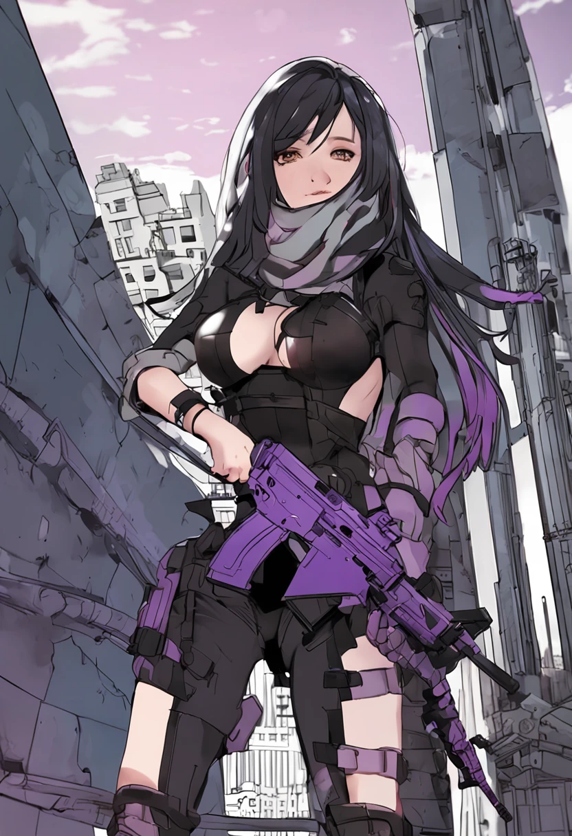 A beautiful sniper lies prone on the roof of a building,Armed with a sniper rifle and aim at the enemy,Golden ratio,Chinese big breasts,s girl,The skin is white and rounded,Youthful、black undersuit,Short purple skirt、Open navel、long whitr hair、Tall guy、Large sniper rifle equipped with a sniper sight and silencer、Black Hair Color,full bodyesbian、photorealestic、skin highlights,with tattoos、largeeyes、perfect anatomia,With a smile