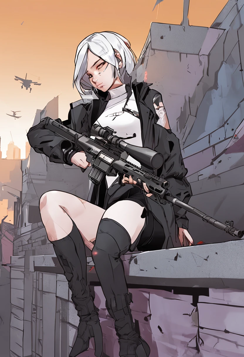 A beautiful sniper lies prone on the roof of a building,Armed with a sniper rifle and aim at the enemy,Golden ratio,Chinese big breasts,teens girl,The skin is white and rounded,Youthful、black undersuit,Short purple skirt、Open navel、long whitr hair、Tall guy、Large sniper rifle equipped with a sniper sight and silencer、Black Hair Color,full bodyesbian、photorealestic、skin highlights,with tattoos、largeeyes、perfect anatomia,With a smile