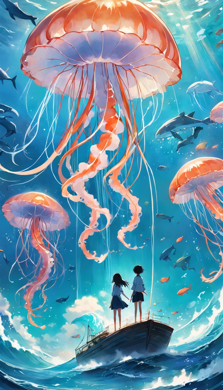 Pintura de um golfinho nadando no oceano colorido, Look up at the composition, Jellyfish and whales from the sky, inspirado em Cyril Rolando, a beautiful artwork illustration, autor:Shitao, arte conceitual colorida, Makoto Shinkai Cirilo Rolando, ao estilo de Cyril Rolando, Baleia voadora, Aquarela altamente detalhada 8K, Aquarela altamente detalhada 8 K,octano,Fim,Realistic,8k,Estilo Makoto Shinkai( Reasonable design, linhas claras, Alta nitidez,best quality, Very detailed, master part, Efeito de luz do filme, 4k )