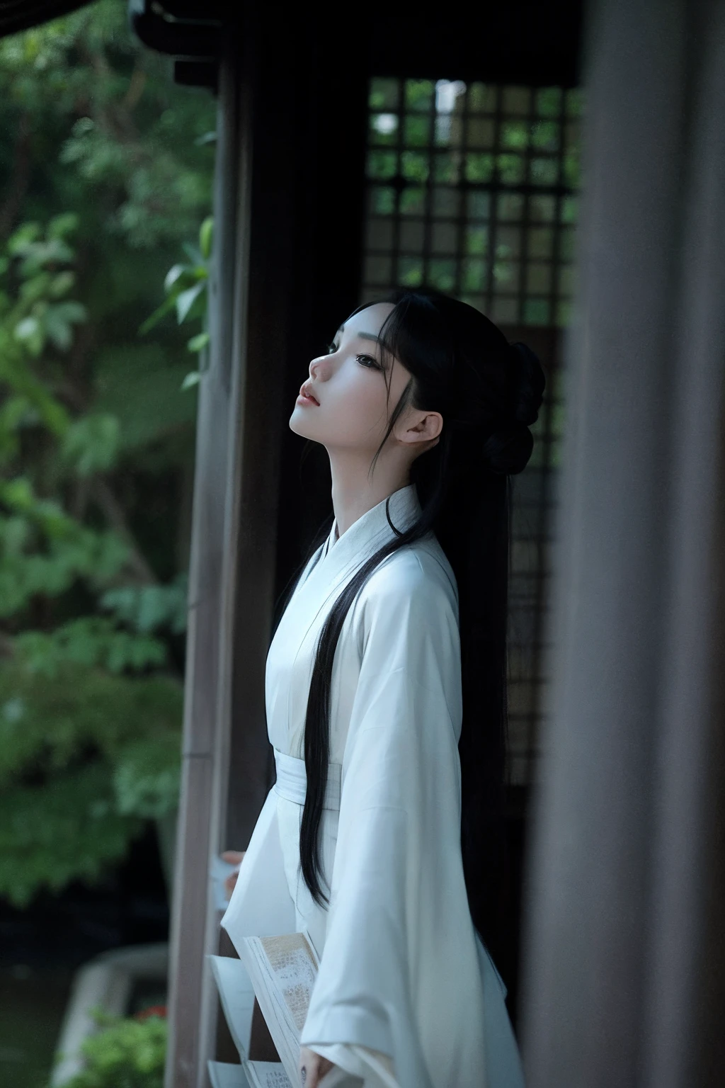 A woman who is,white hanfu,probe,Step on stones,Walls,Left view,(tmasterpiece,best qualtiy,Complicated details)